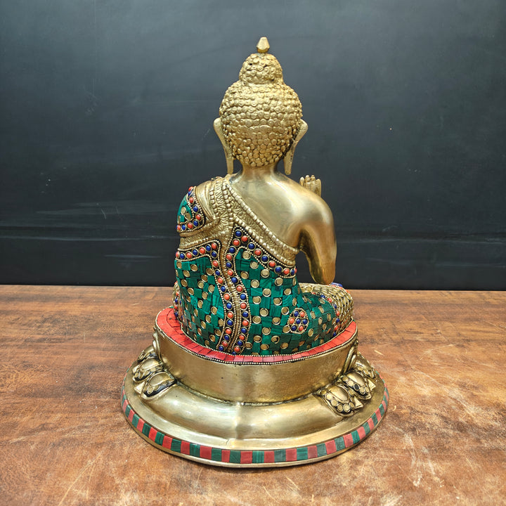 Brass Blessing Buddha Statue With Stone Work 13 Inch