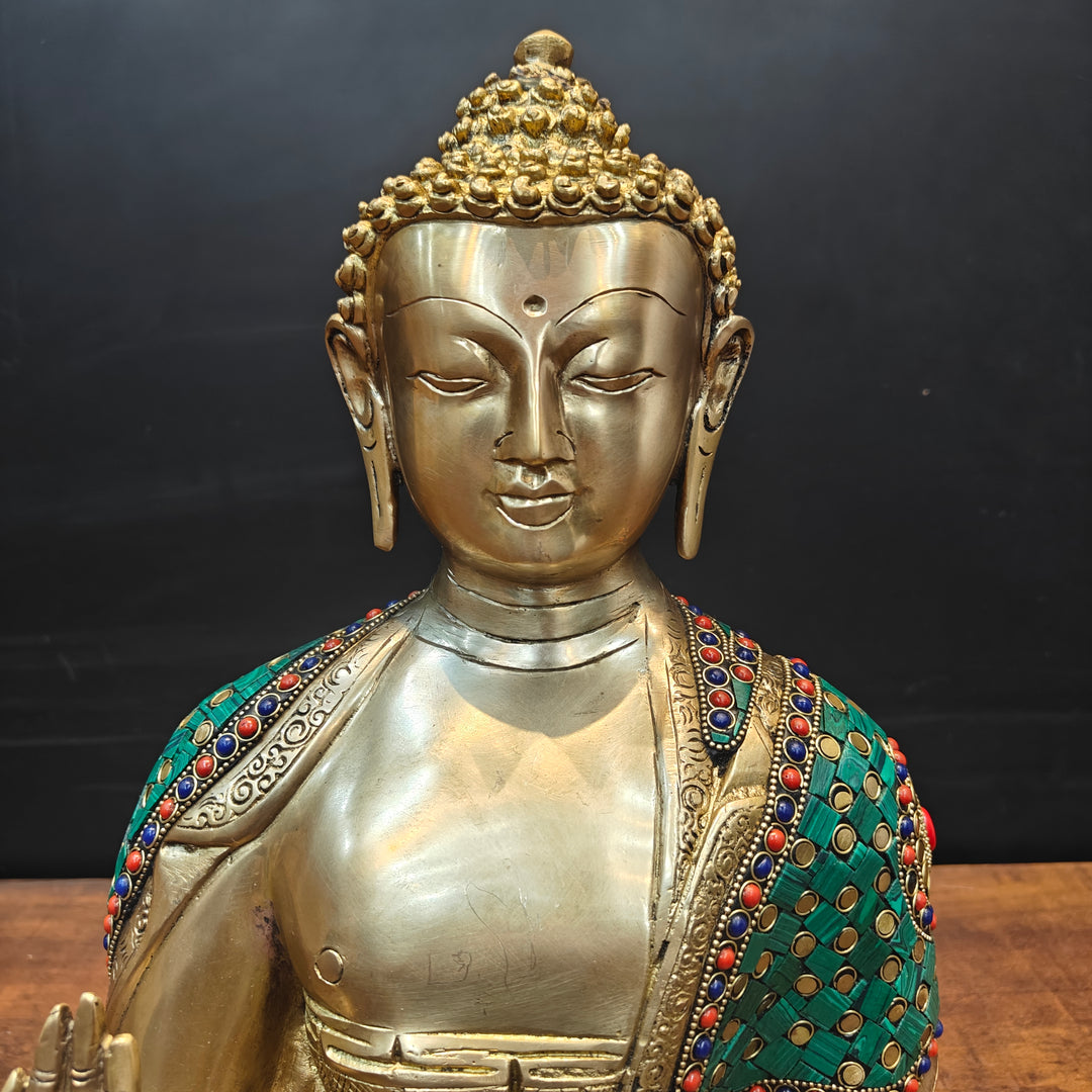 Brass Lord Buddha Statue In Blessing Mudra With Stone Work 16 Inch