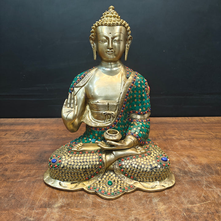 Brass Lord Buddha Statue In Blessing Mudra With Stone Work 16 Inch