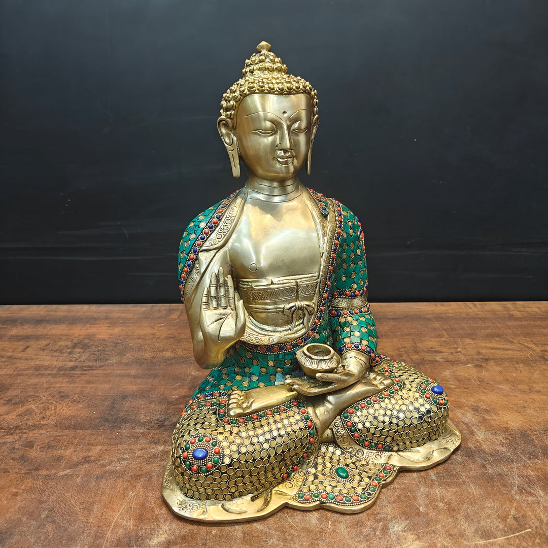 Brass Lord Buddha Statue In Blessing Mudra With Stone Work 16 Inch