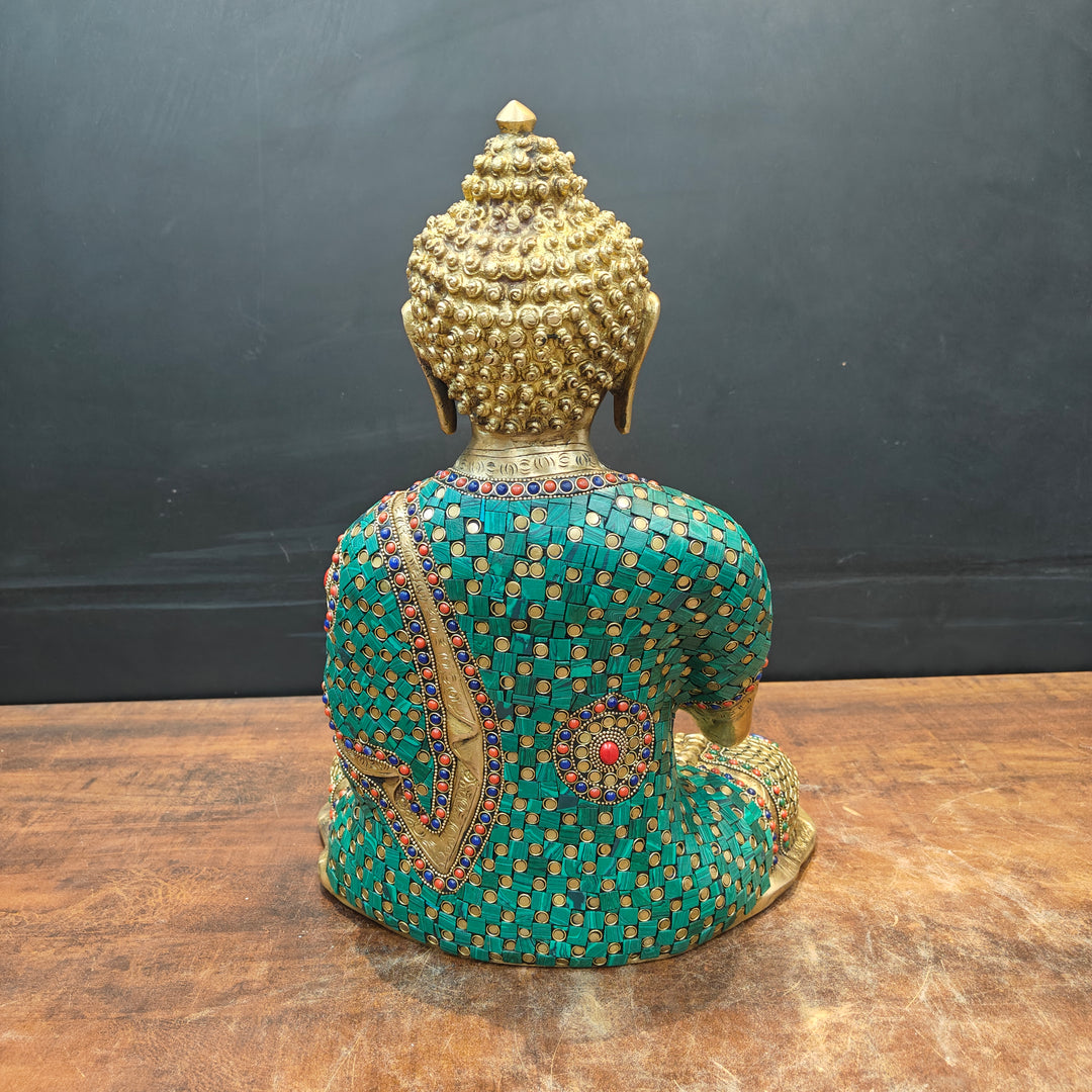 Brass Lord Buddha Statue In Blessing Mudra With Stone Work 16 Inch