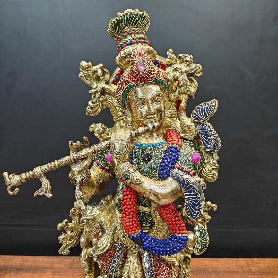 Brass Large Krishna Idol With Stone Work 30 Inches