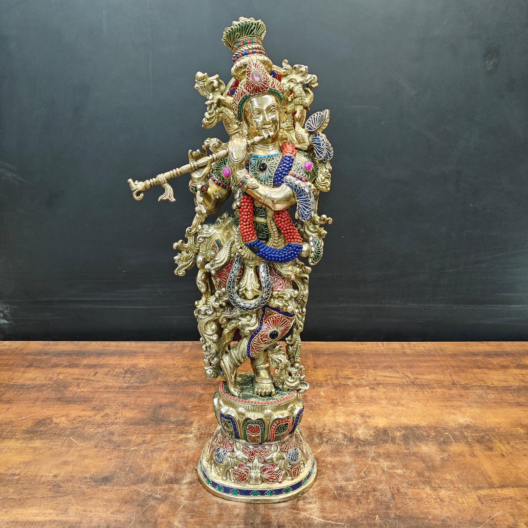 Brass Large Krishna Idol With Stone Work 30 Inches