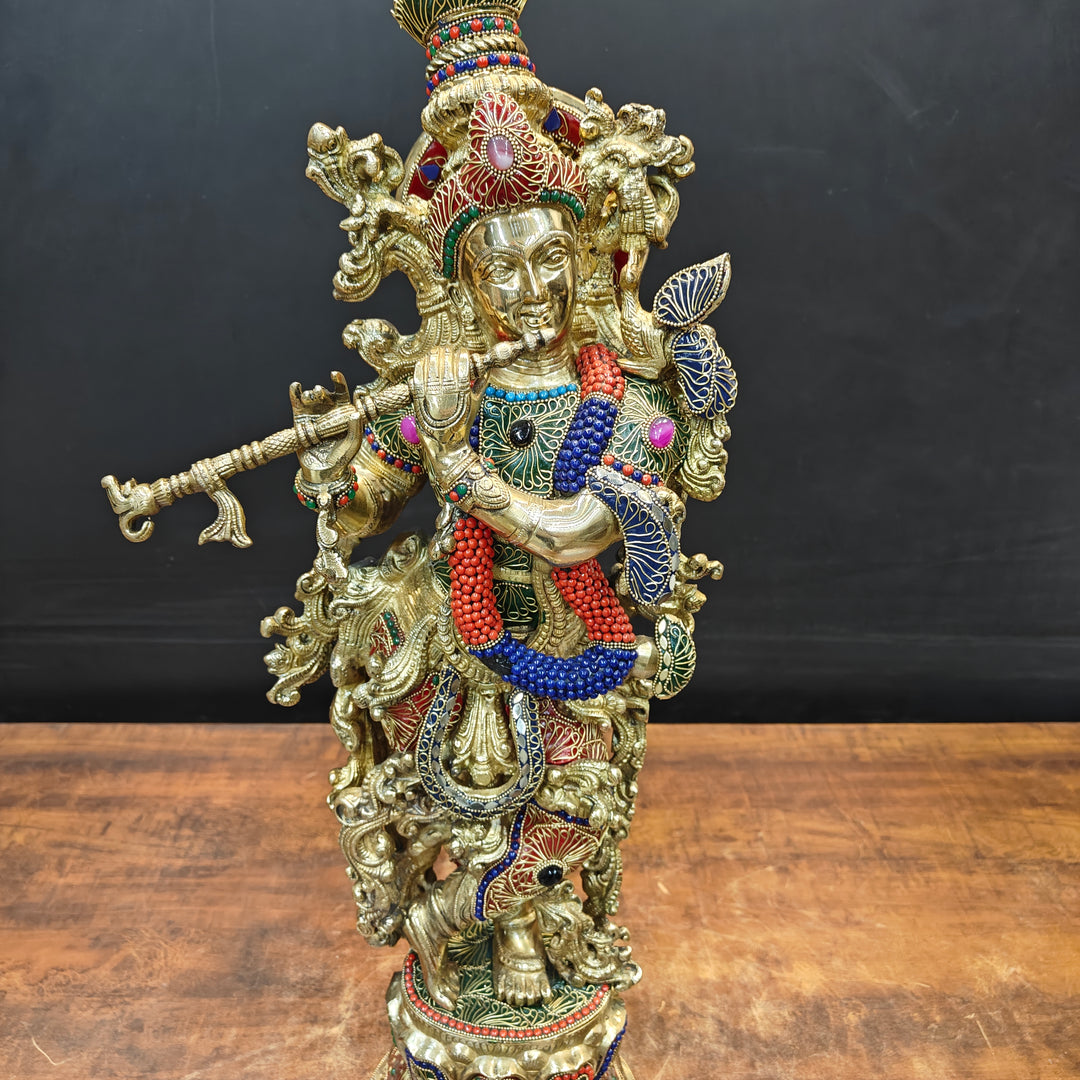 Brass Large Krishna Idol With Stone Work 30 Inches