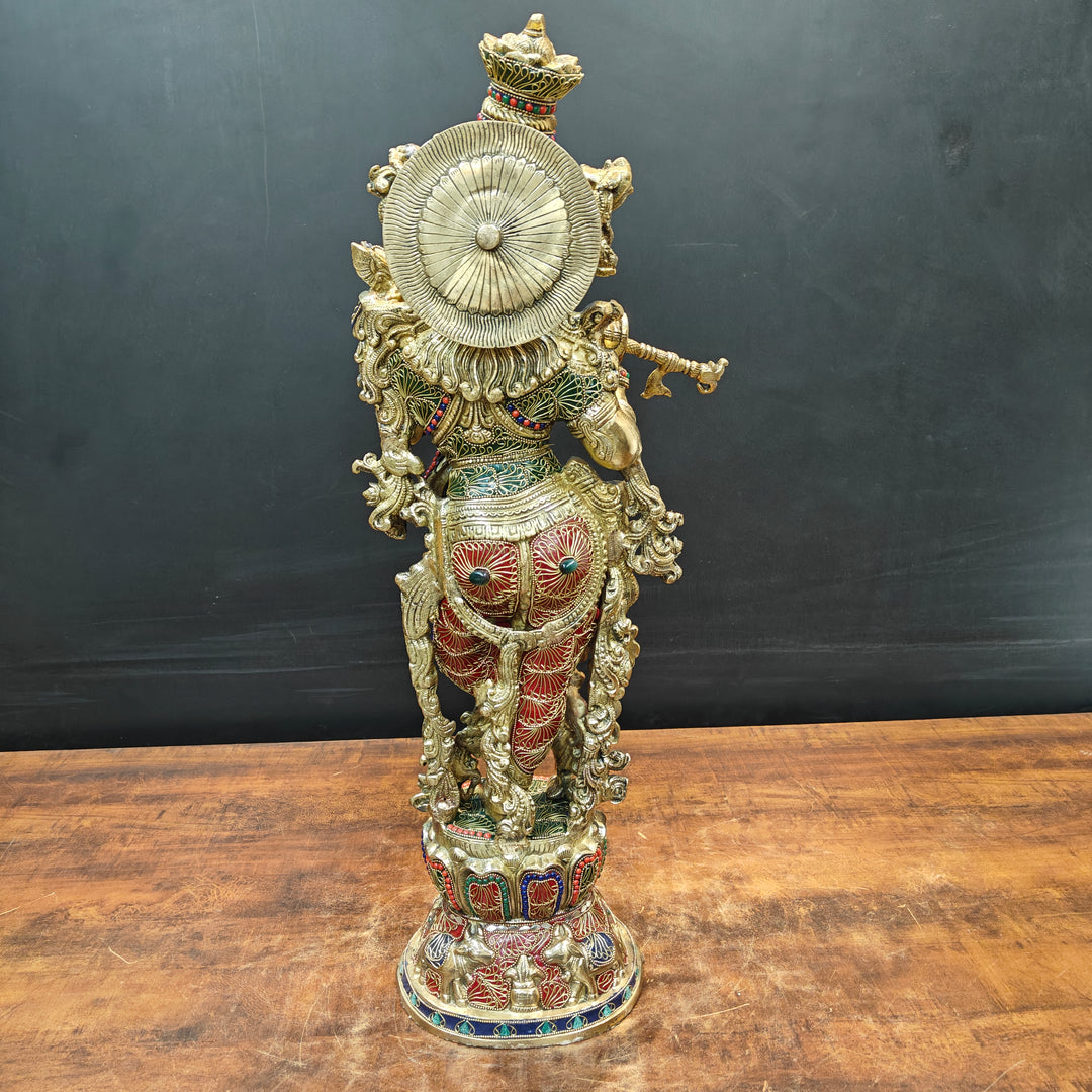 Brass Large Krishna Idol With Stone Work 30 Inches