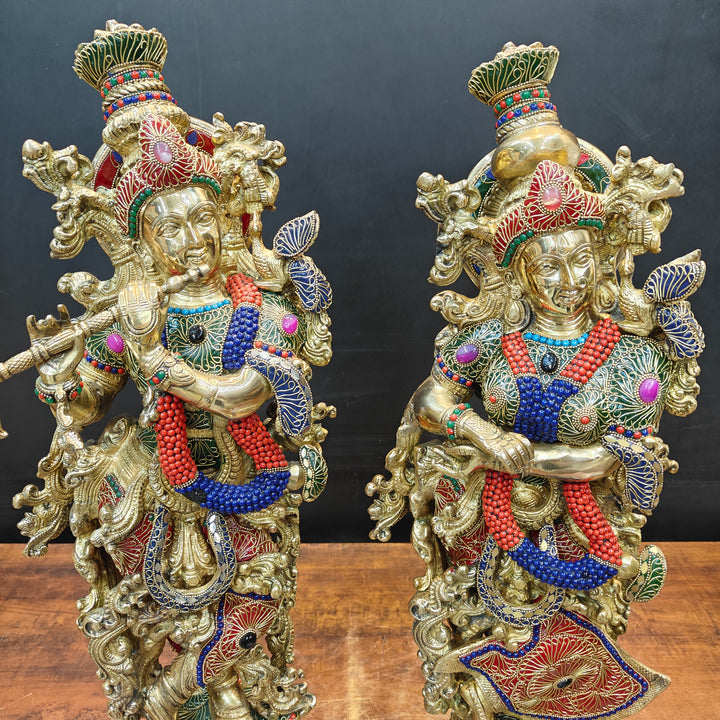 Brass Large Radha Krishna Idols With Stone Work 30 Inches
