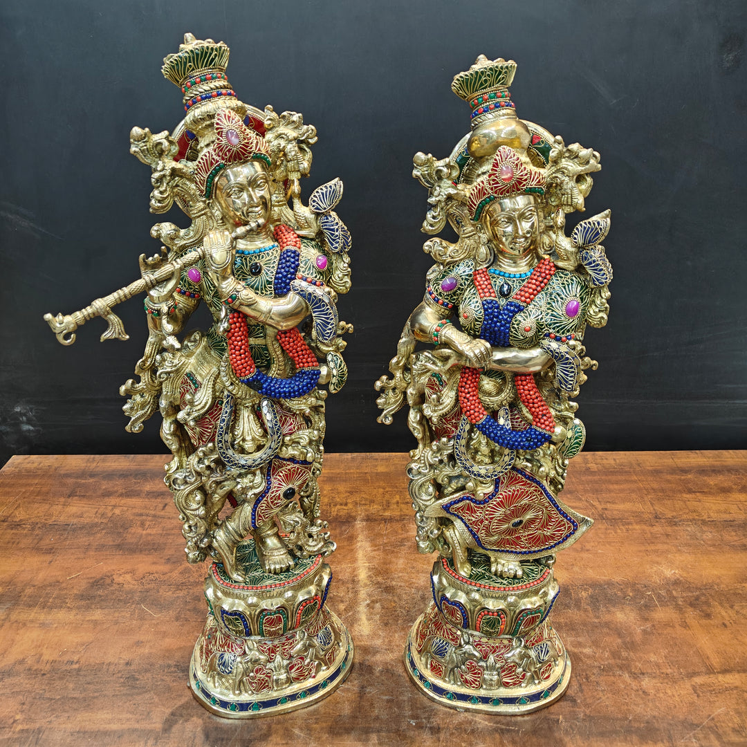 Brass Large Radha Krishna Idols With Stone Work 30 Inches