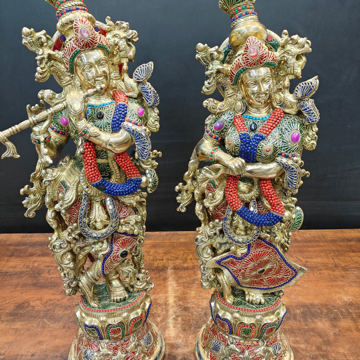 Brass Large Radha Krishna Idols With Stone Work 30 Inches