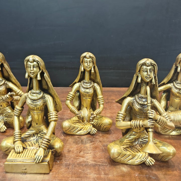 Brass Rajasthani Lady Musicians Set of 5 Showpieces 10 Inches