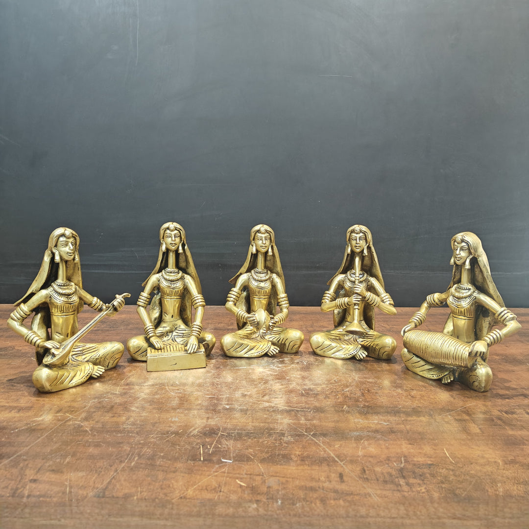 Brass Rajasthani Lady Musicians Set of 5 Showpieces 10 Inches
