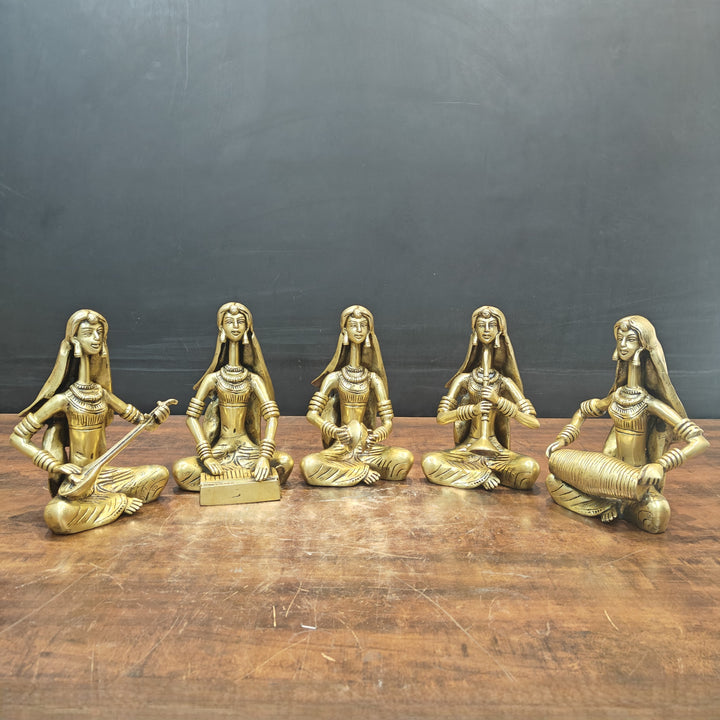 Brass Rajasthani Lady Musicians Set of 5 Showpieces 10 Inches