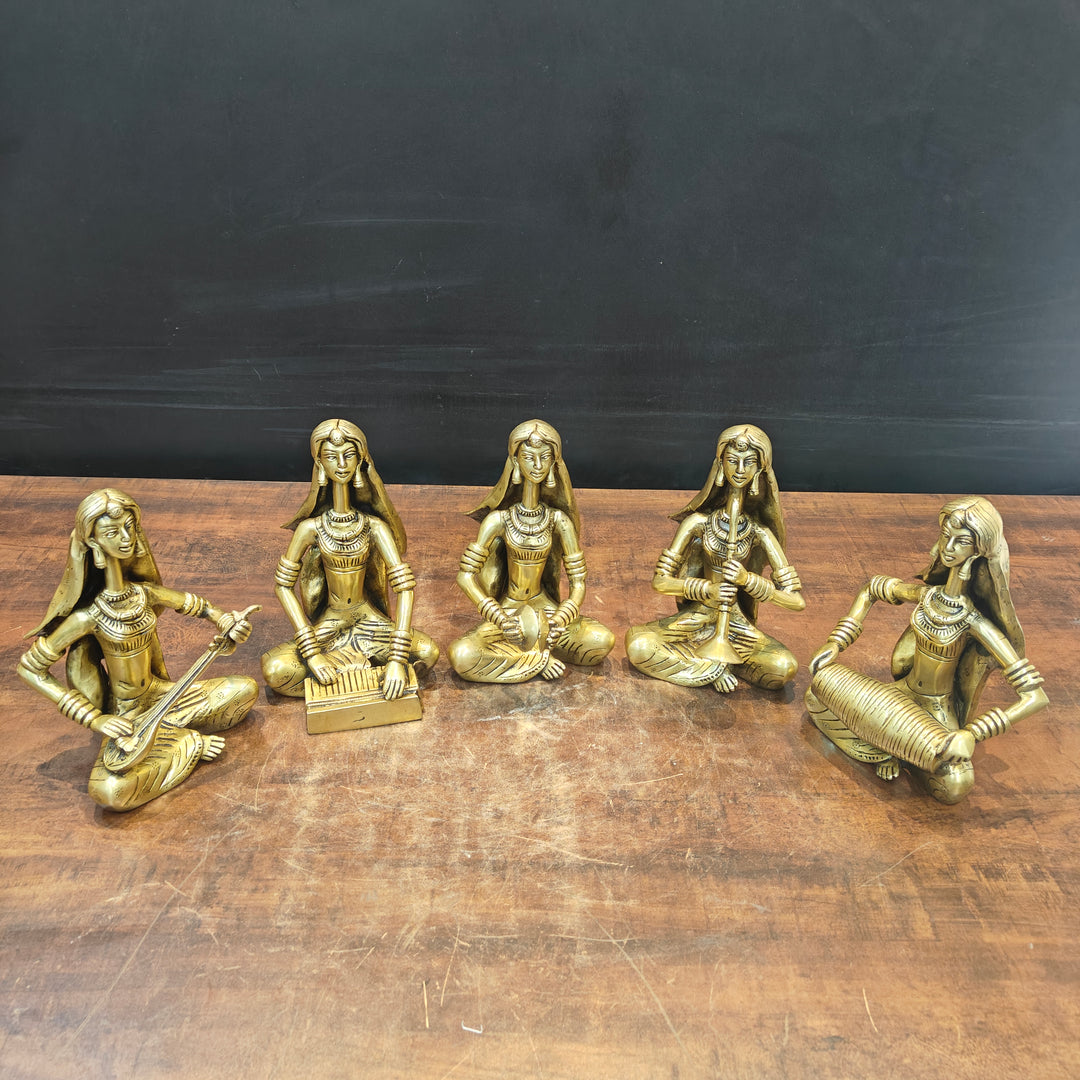 Brass Rajasthani Lady Musicians Set of 5 Showpieces 10 Inches
