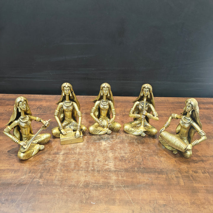 Brass Rajasthani Lady Musicians Set of 5 Showpieces 10 Inches