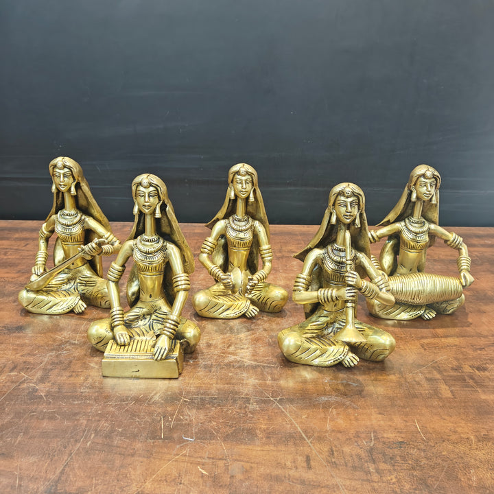 Brass Rajasthani Lady Musicians Set of 5 Showpieces 10 Inches