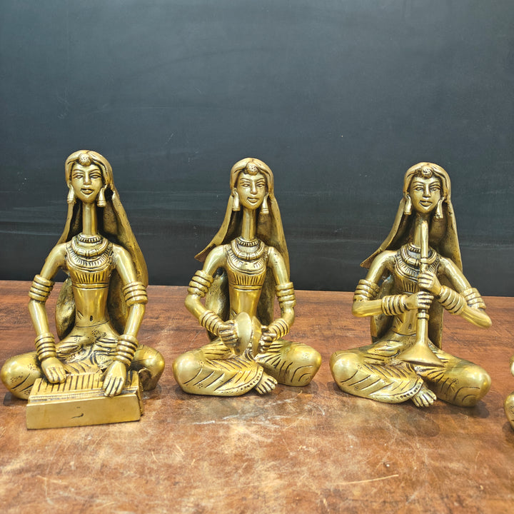 Brass Rajasthani Lady Musicians Set of 5 Showpieces 10 Inches