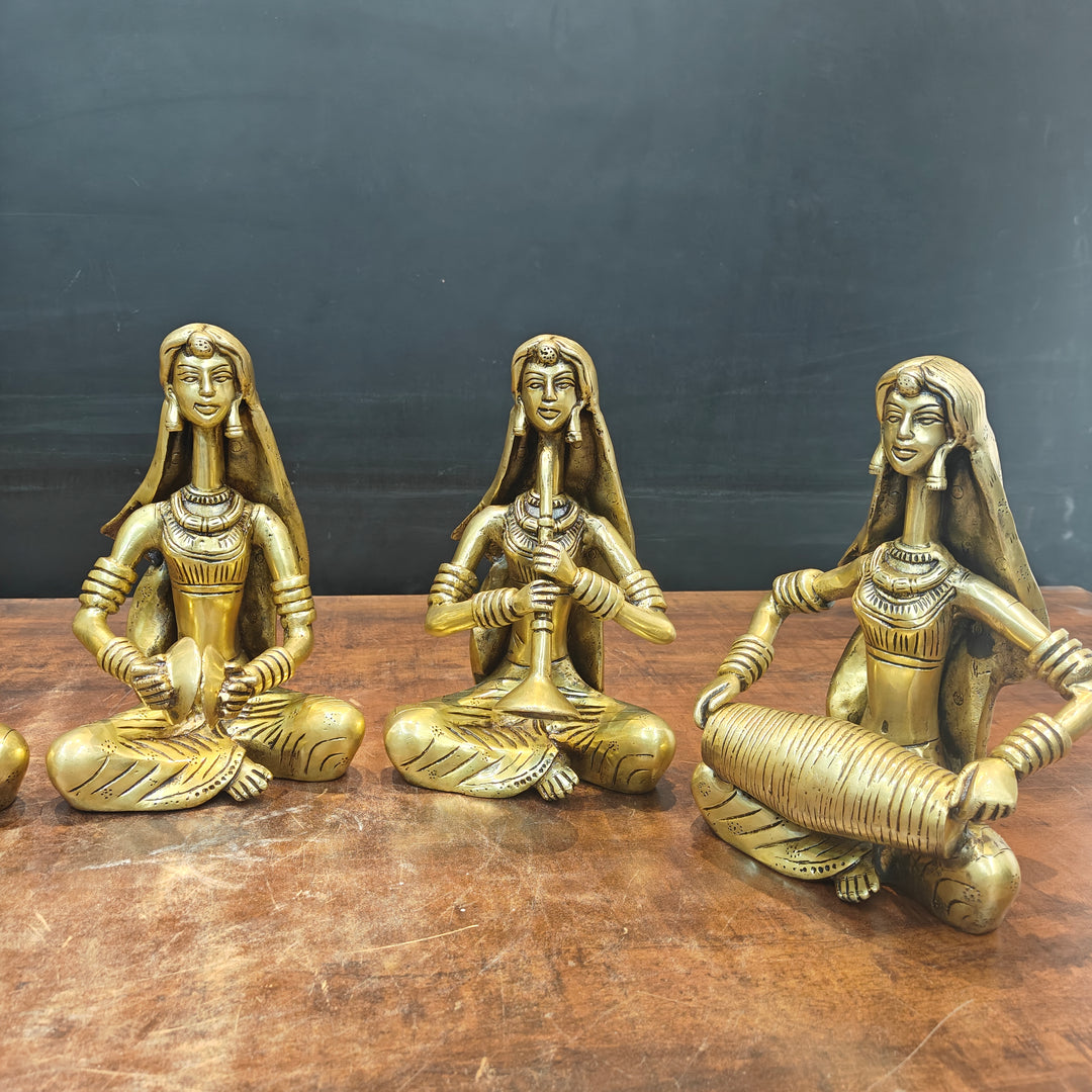 Brass Rajasthani Lady Musicians Set of 5 Showpieces 10 Inches