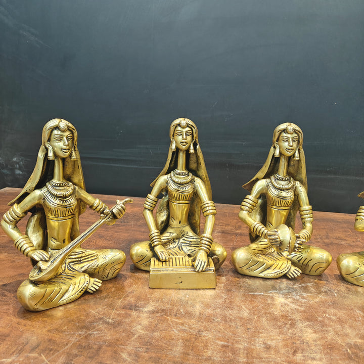 Brass Rajasthani Lady Musicians Set of 5 Showpieces 10 Inches