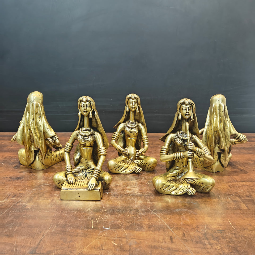 Brass Rajasthani Lady Musicians Set of 5 Showpieces 10 Inches