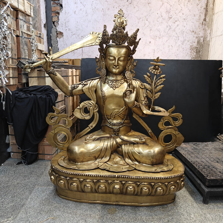 Brass Large Size Buddhism Goddess Manjushri Statue Tibetan Buddhist Deity 5.5 Feet