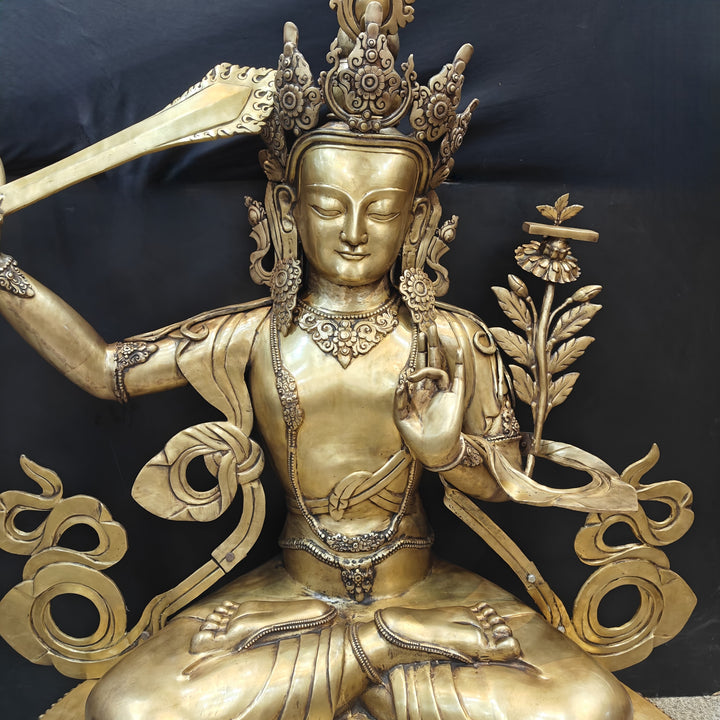 Brass Large Size Buddhism Goddess Manjushri Statue Tibetan Buddhist Deity 5.5 Feet
