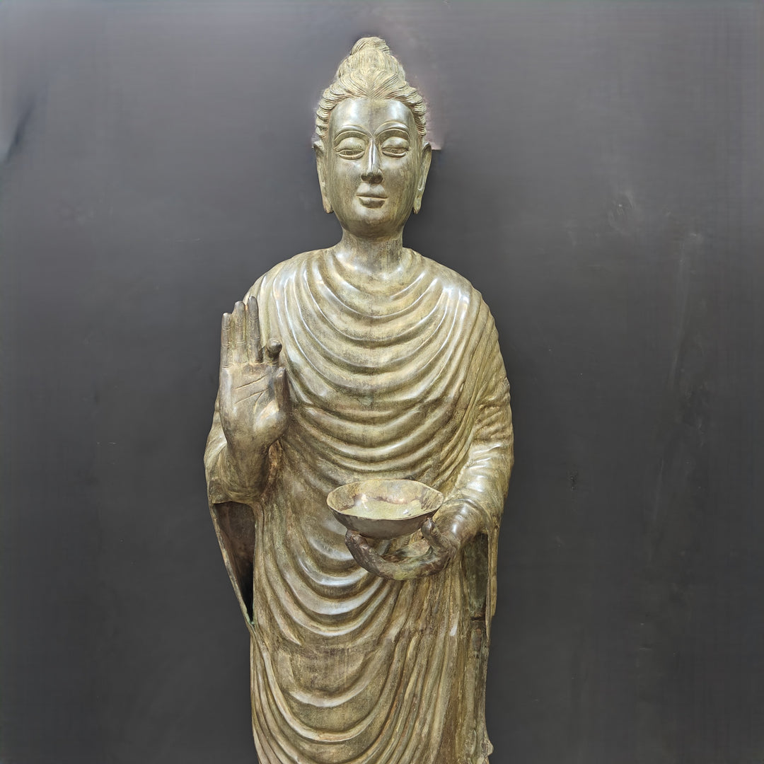 Brass Vintage Large Standing Buddha Statue Green Patina Finish 6.5 Feet