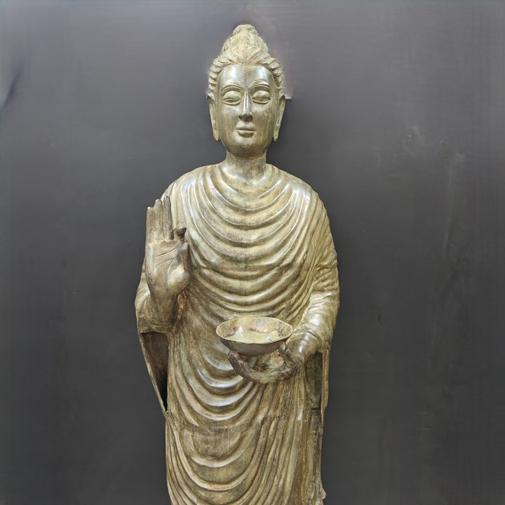 Brass Vintage Large Standing Buddha Statue Green Patina Finish 6.5 Feet