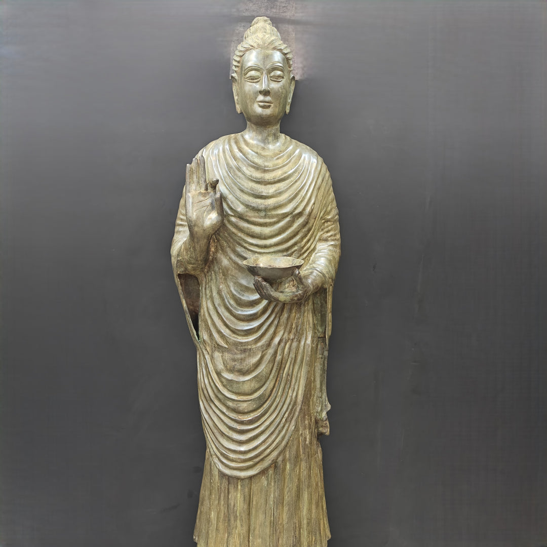 Brass Vintage Large Standing Buddha Statue Green Patina Finish 6.5 Feet