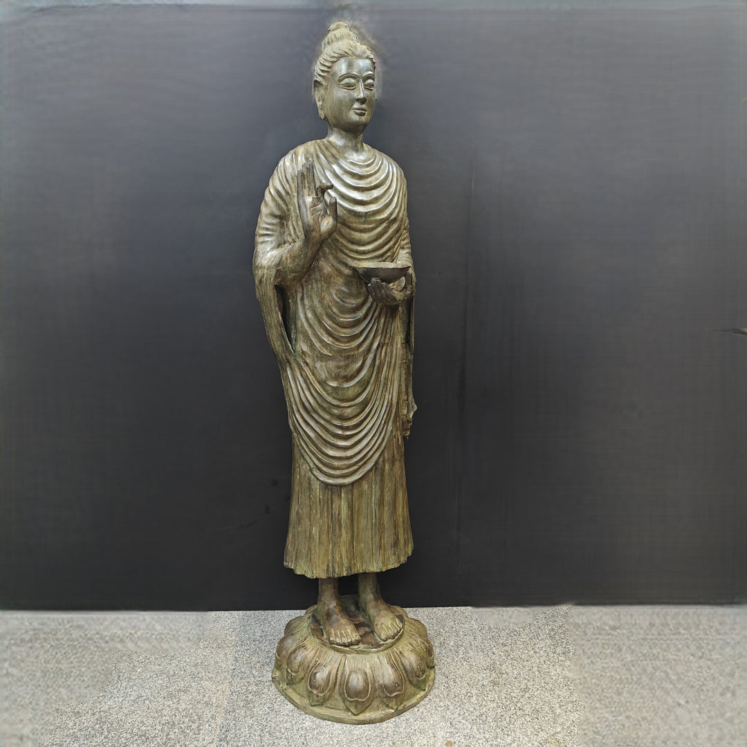 Brass Vintage Large Standing Buddha Statue Green Patina Finish 6.5 Feet