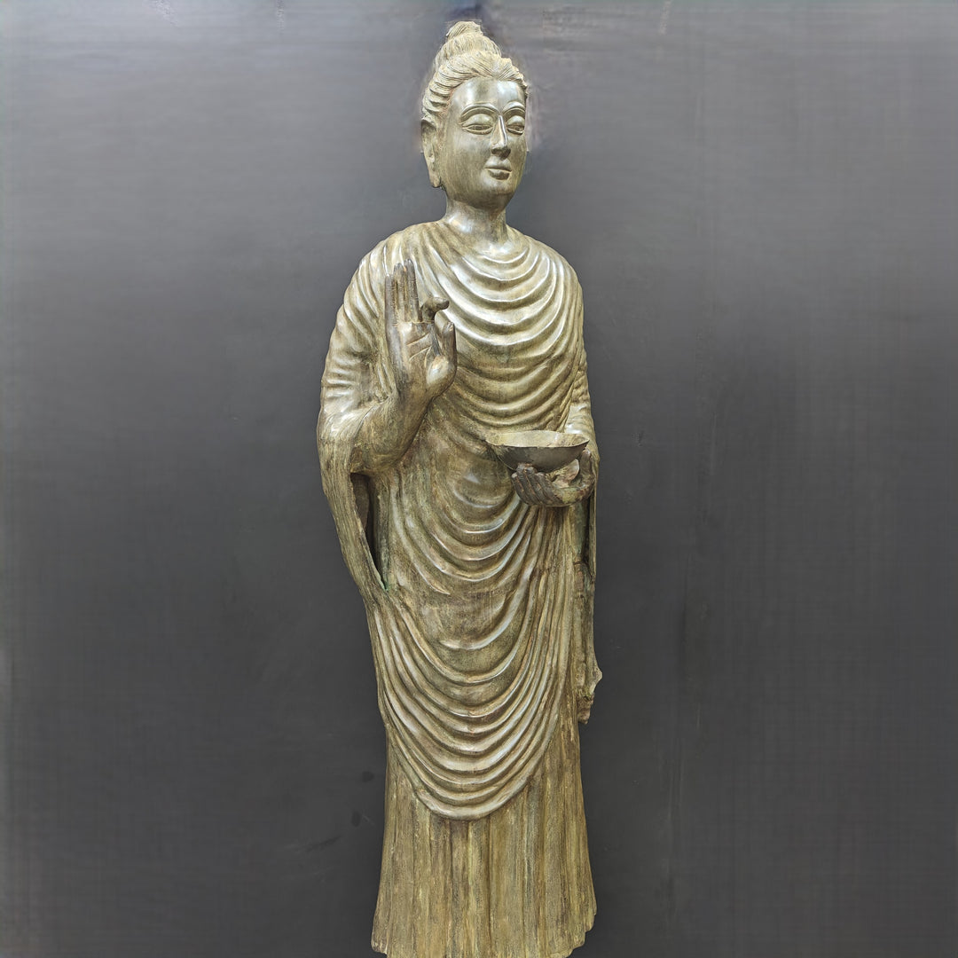 Brass Vintage Large Standing Buddha Statue Green Patina Finish 6.5 Feet