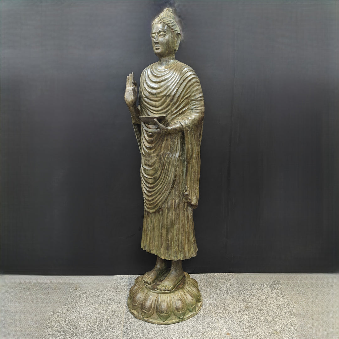 Brass Vintage Large Standing Buddha Statue Green Patina Finish 6.5 Feet