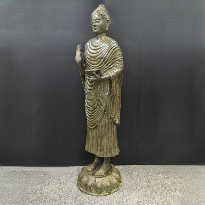 Brass Vintage Large Standing Buddha Statue Green Patina Finish 6.5 Feet