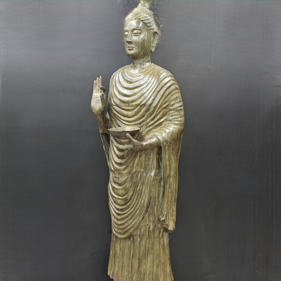 Brass Vintage Large Standing Buddha Statue Green Patina Finish 6.5 Feet