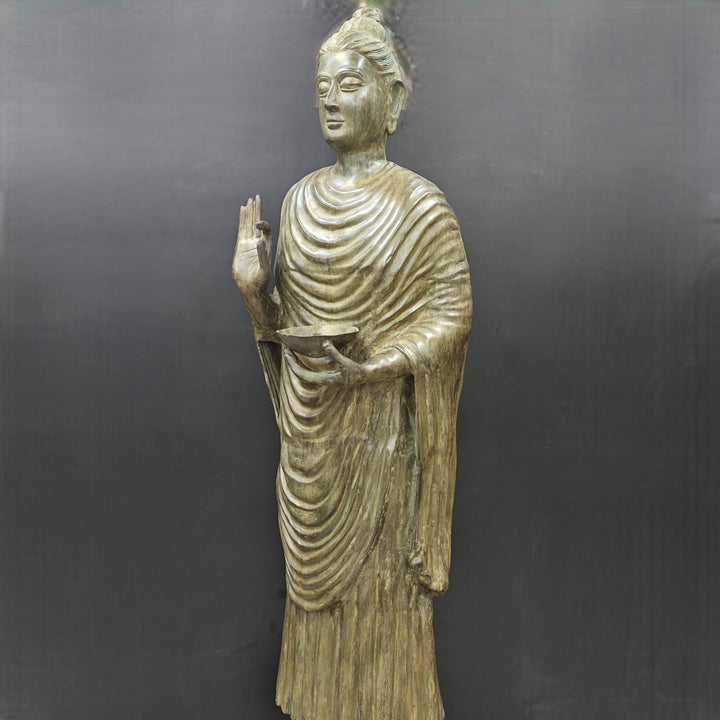 Brass Vintage Large Standing Buddha Statue Green Patina Finish 6.5 Feet