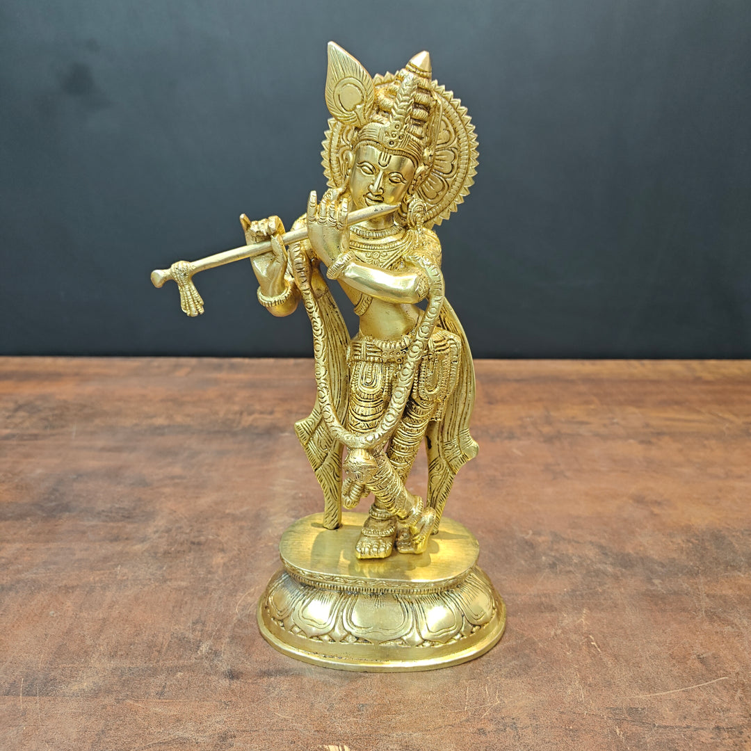 Brass Standing Krishna Idol Golden Finish For Home Decor 11.5 Inch