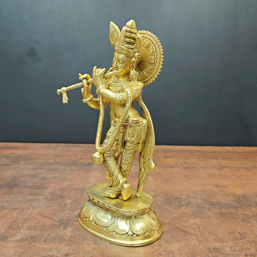 Brass Standing Krishna Idol Golden Finish For Home Decor 11.5 Inch