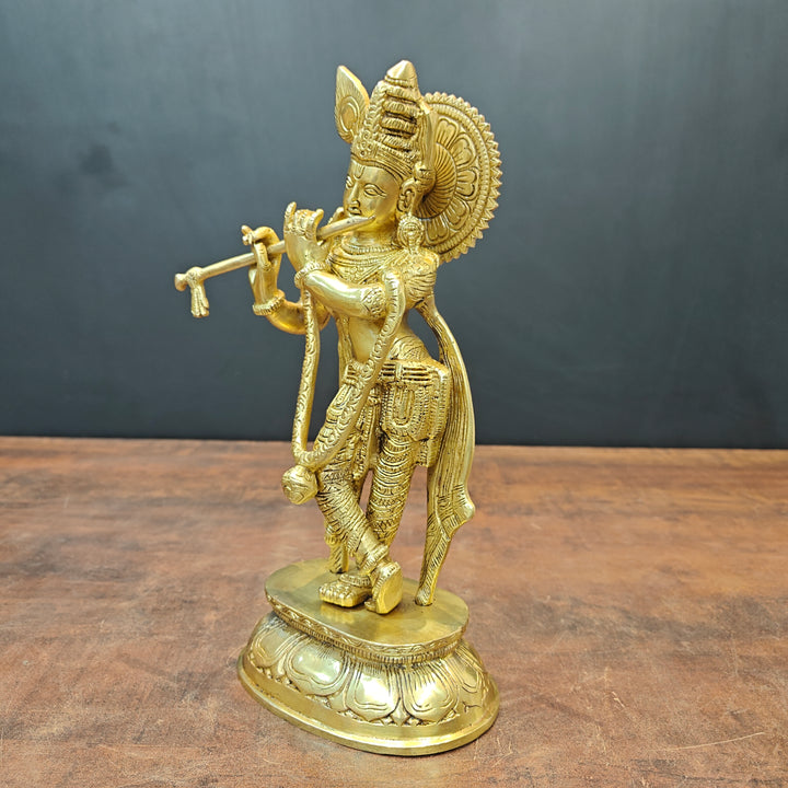 Brass Standing Krishna Idol Golden Finish For Home Decor 11.5 Inch