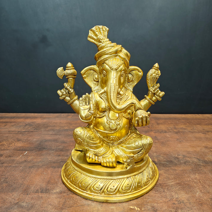 Brass Unique Ganesha Statue Golden Finish For Home Decor 11 Inch