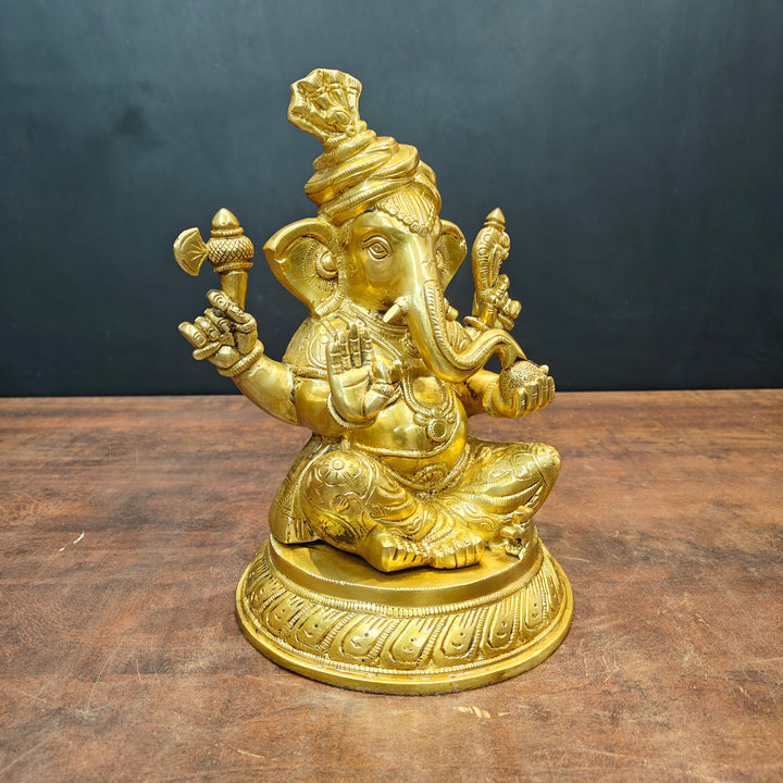 Brass Unique Ganesha Statue Golden Finish For Home Decor 11 Inch