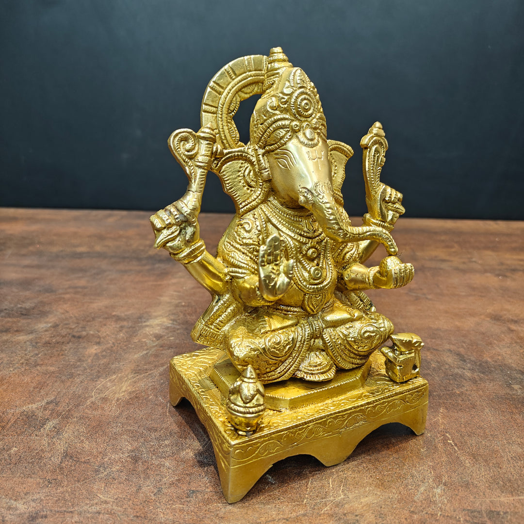 Brass Ganesha Idol Golden Finish For Home Temple Decor 7 Inch