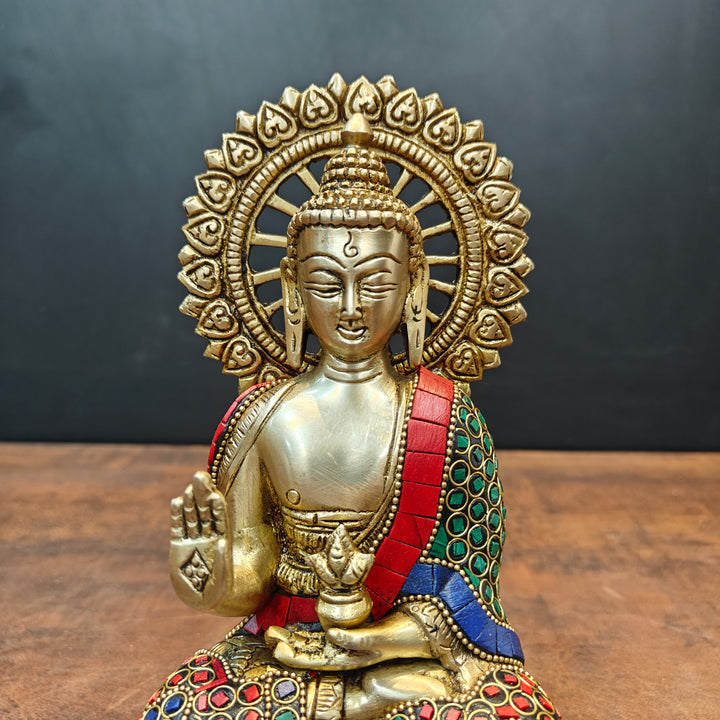 Brass Blessing Buddha Statue With Stone Work 9 Inch
