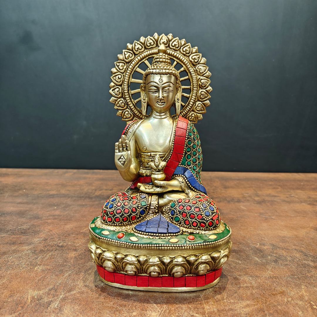 Brass Blessing Buddha Statue With Stone Work 9 Inch
