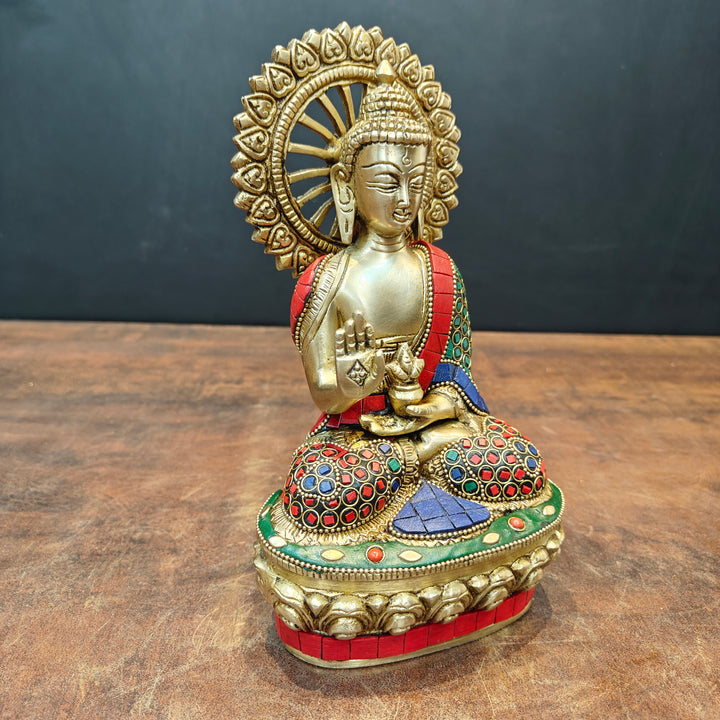 Brass Blessing Buddha Statue With Stone Work 9 Inch