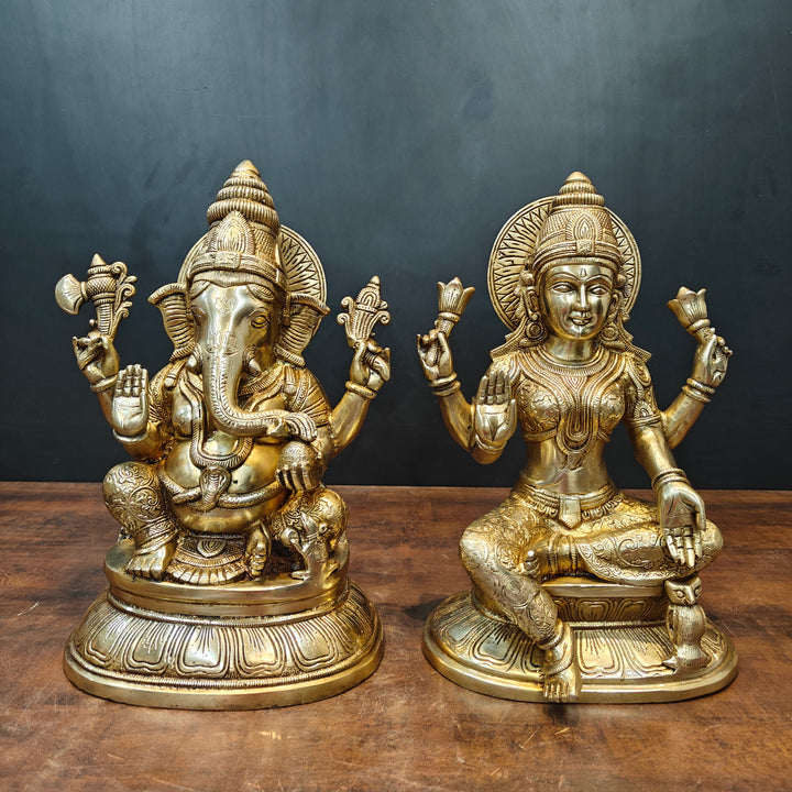 Brass Ganesha Lakshmi Idols For Home Temple Decor 15 Inches