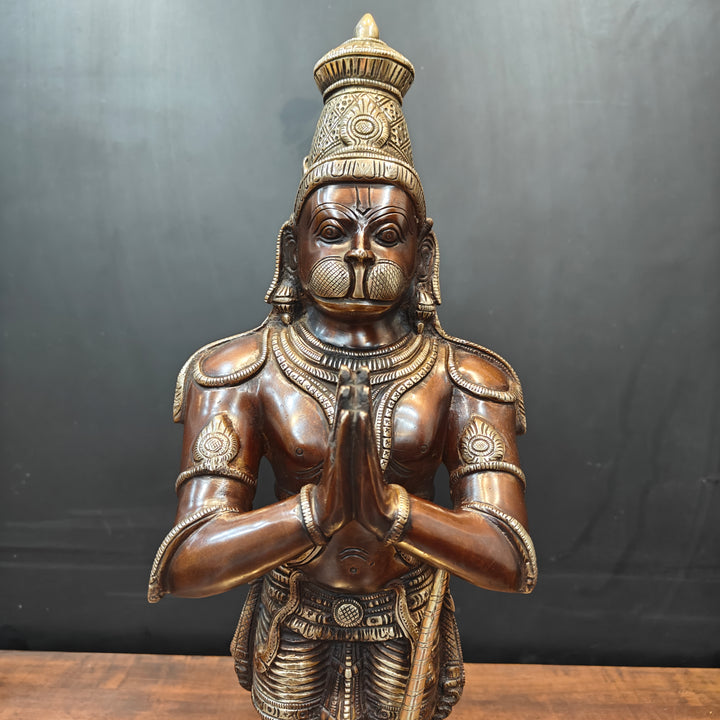 Brass Standing Hanuman Idol In Namaskar Mudra Antique Finish 23 Inch