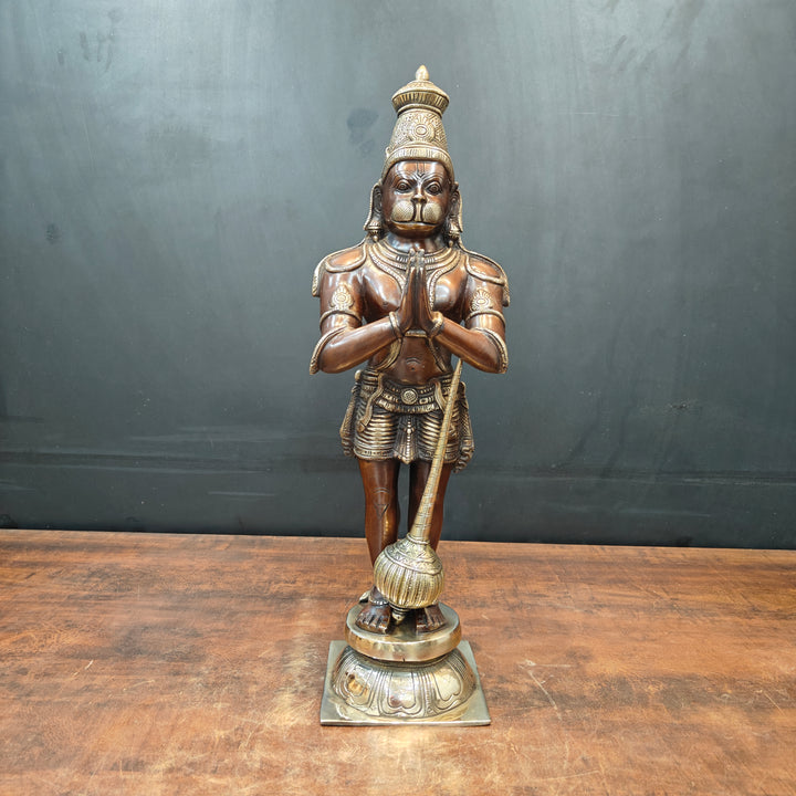 Brass Standing Hanuman Idol In Namaskar Mudra Antique Finish 23 Inch