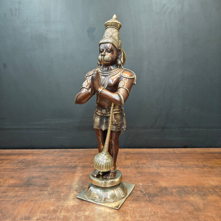 Brass Standing Hanuman Idol In Namaskar Mudra Antique Finish 23 Inch