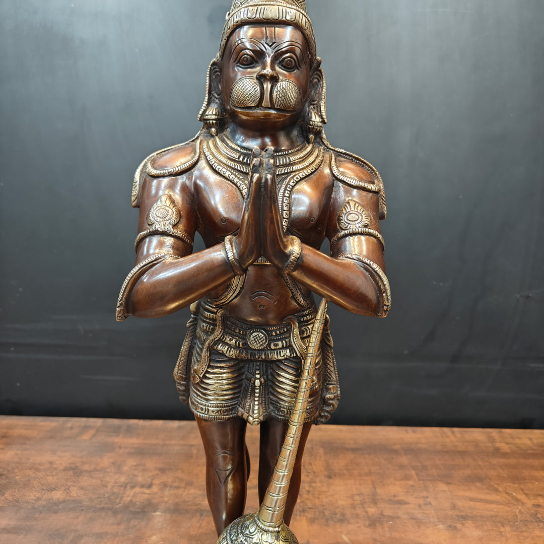Brass Standing Hanuman Idol In Namaskar Mudra Antique Finish 23 Inch