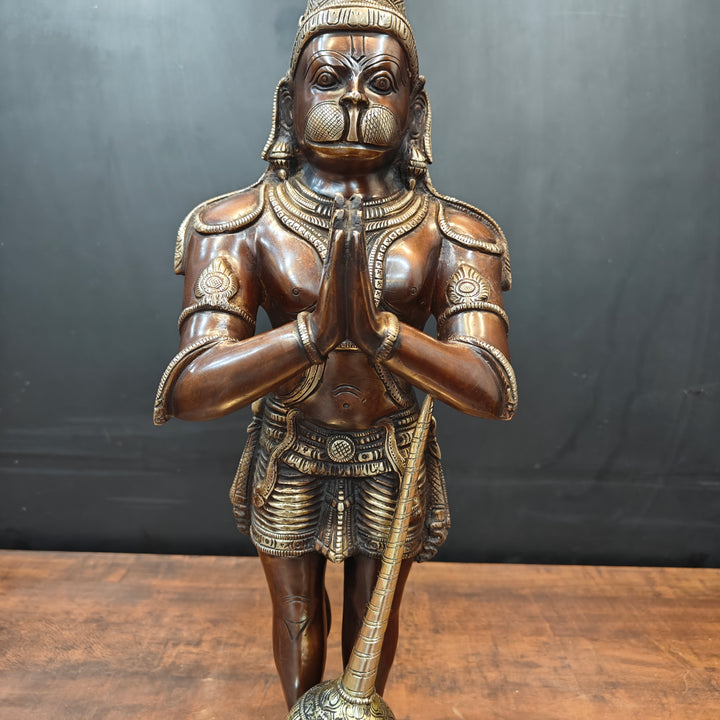 Brass Standing Hanuman Idol In Namaskar Mudra Antique Finish 23 Inch