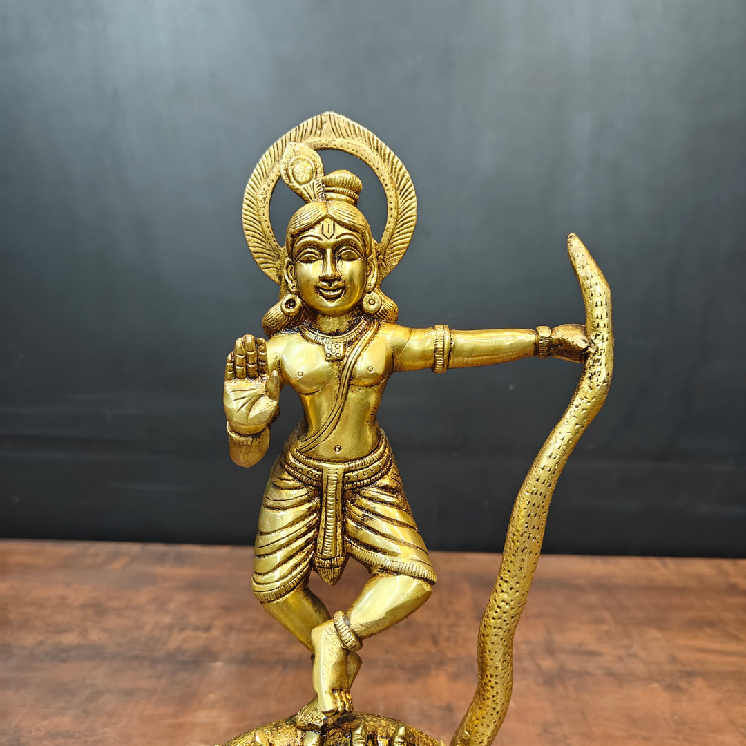 Brass Krishna Idol Dancing On Kaliya Naag Golden Finish 13 Inches