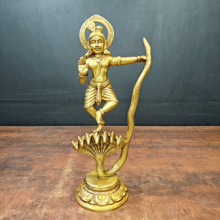 Brass Krishna Idol Dancing On Kaliya Naag Golden Finish 13 Inches